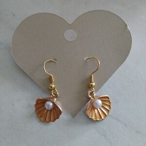 Handmade Gold Tone Shell Drop Earrings with White Faux Pearl Accent